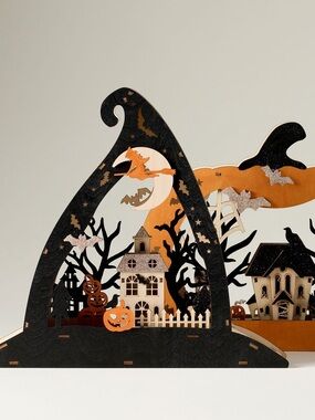 Anthropologie Halloween Ghostly Mantle Witch Hat Wooden Scene